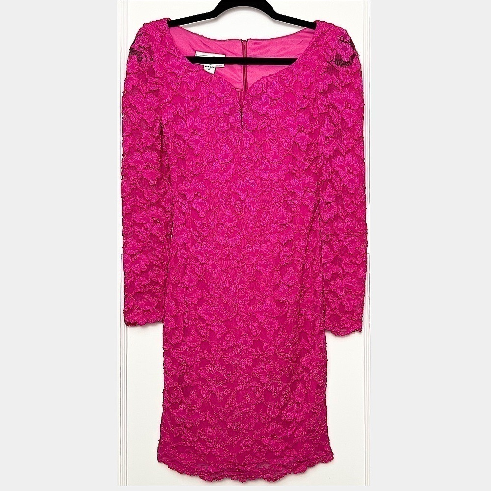 SCOTT MCCLINTOCK Vintage 90s Pink Floral Lace Long Sleeve Bodycon‎ Mini Dress XS